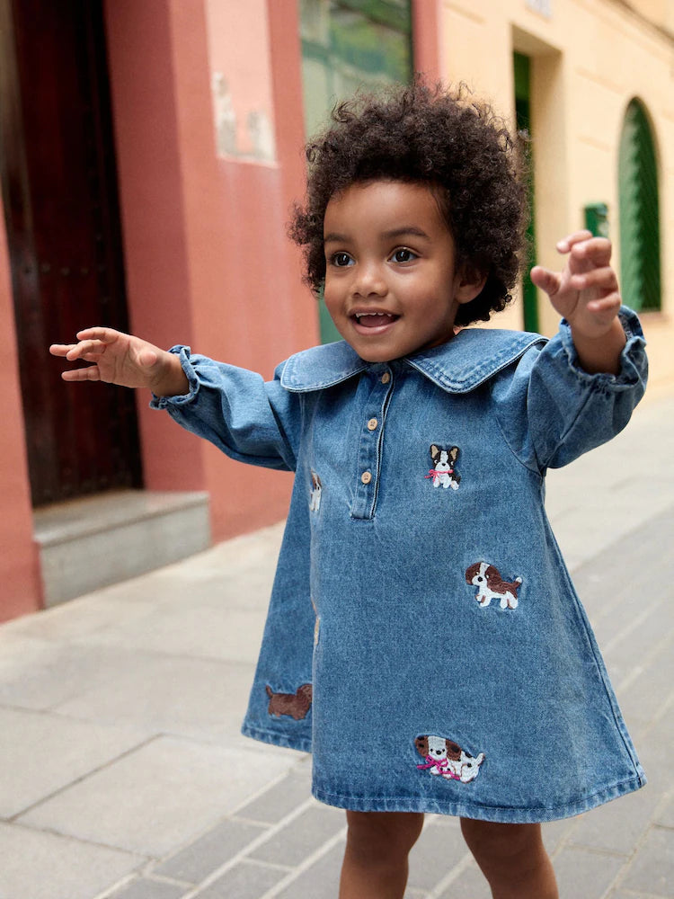 |Girl| Vestido de Jeans Azul com Gola e Personagem de Cachorro Bordado (3 meses a 8 anos)