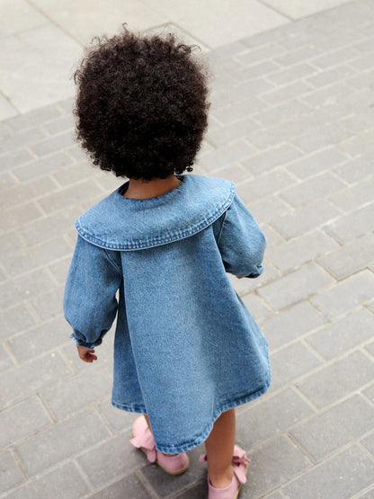 |Girl| Vestido de Jeans Azul com Gola e Personagem de Cachorro Bordado (3 meses a 8 anos)