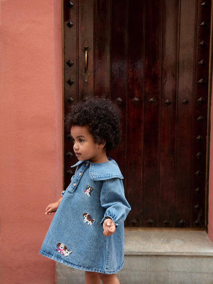 |Girl| Vestido de Jeans Azul com Gola e Personagem de Cachorro Bordado (3 meses a 8 anos)