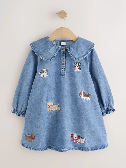 |Girl| Vestido de Jeans Azul com Gola e Personagem de Cachorro Bordado (3 meses a 8 anos)