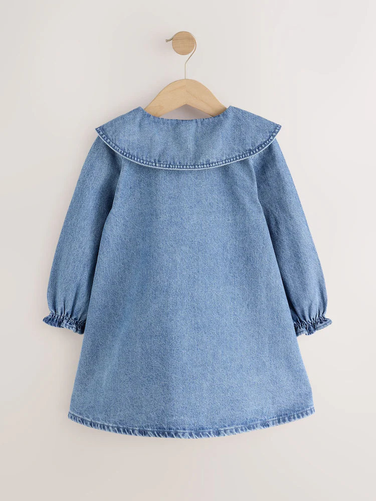 |Girl| Vestido de Jeans Azul com Gola e Personagem de Cachorro Bordado (3 meses a 8 anos)