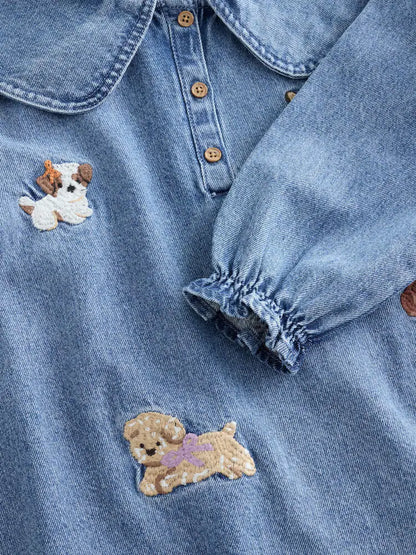 |Girl| Vestido de Jeans Azul com Gola e Personagem de Cachorro Bordado (3 meses a 8 anos)