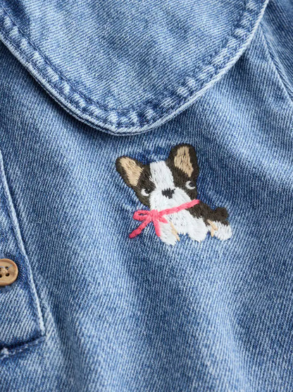 |Girl| Vestido de Jeans Azul com Gola e Personagem de Cachorro Bordado (3 meses a 8 anos)