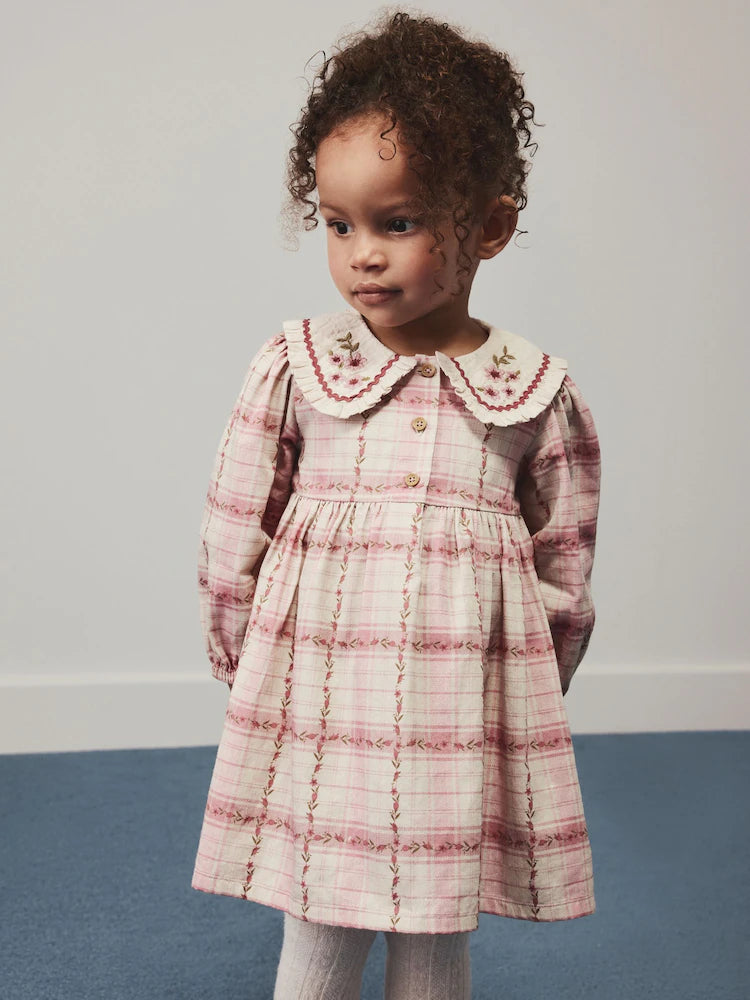|Girl| Vestido De Manga Longa Com Gola e Estampa Xadrez Rosa (3 meses a 8 anos)