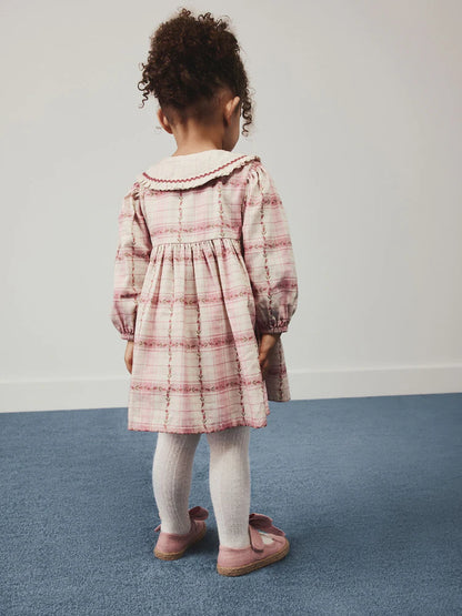 |Girl| Vestido De Manga Longa Com Gola e Estampa Xadrez Rosa (3 meses a 8 anos)