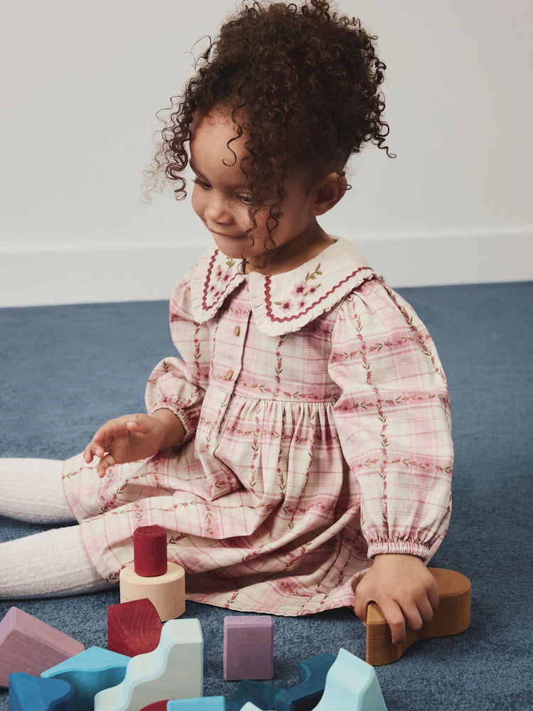 |Girl| Vestido De Manga Longa Com Gola e Estampa Xadrez Rosa (3 meses a 8 anos)