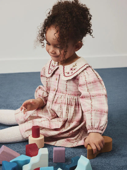 |Girl| Vestido De Manga Longa Com Gola e Estampa Xadrez Rosa (3 meses a 8 anos)