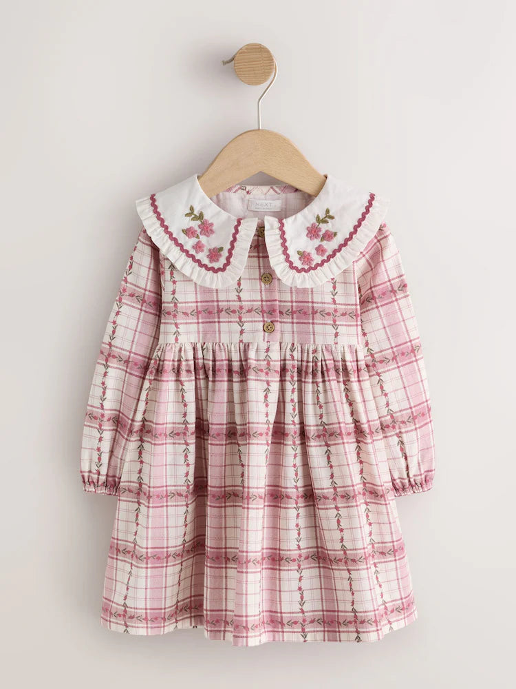 |Girl| Vestido De Manga Longa Com Gola e Estampa Xadrez Rosa (3 meses a 8 anos)