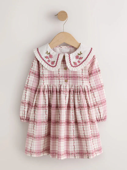 |Girl| Vestido De Manga Longa Com Gola e Estampa Xadrez Rosa (3 meses a 8 anos)