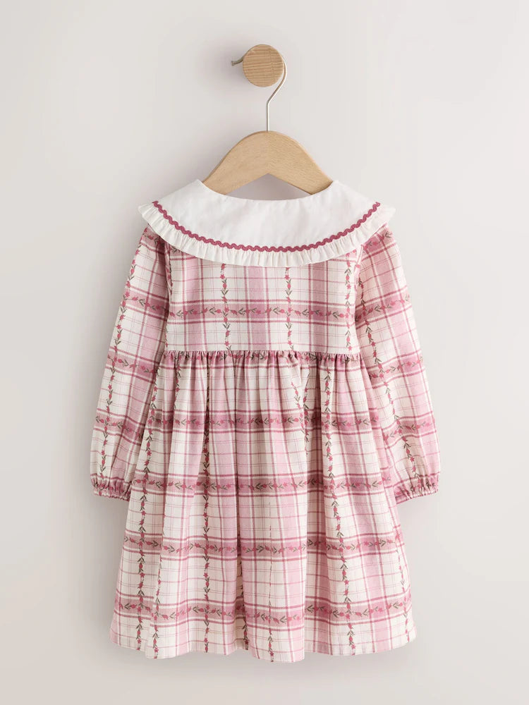 |Girl| Vestido De Manga Longa Com Gola e Estampa Xadrez Rosa (3 meses a 8 anos)