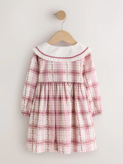 |Girl| Vestido De Manga Longa Com Gola e Estampa Xadrez Rosa (3 meses a 8 anos)