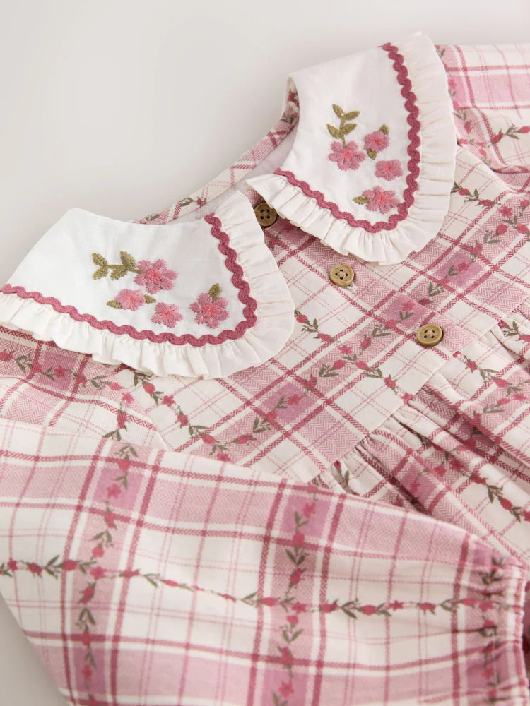 |Girl| Vestido De Manga Longa Com Gola e Estampa Xadrez Rosa (3 meses a 8 anos)