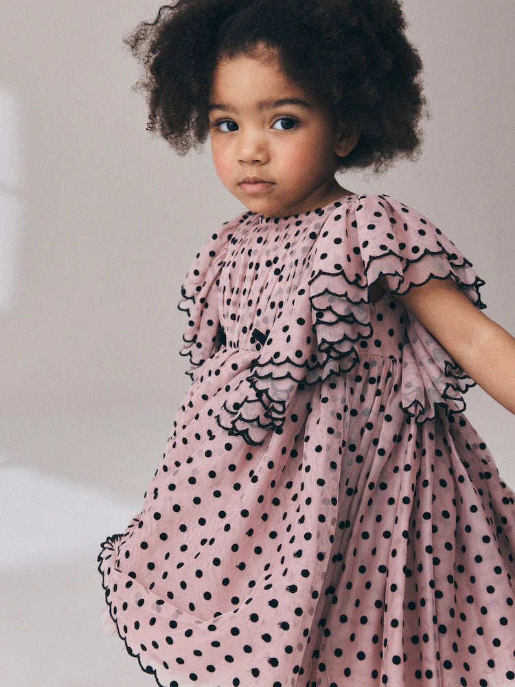 |Girl| Vestido De Festa Rosa-Claro com Poás e Mangas com Babados (3 meses a 8 anos)