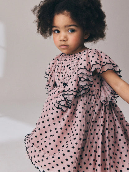 |Girl| Vestido De Festa Rosa-Claro com Poás e Mangas com Babados (3 meses a 8 anos)