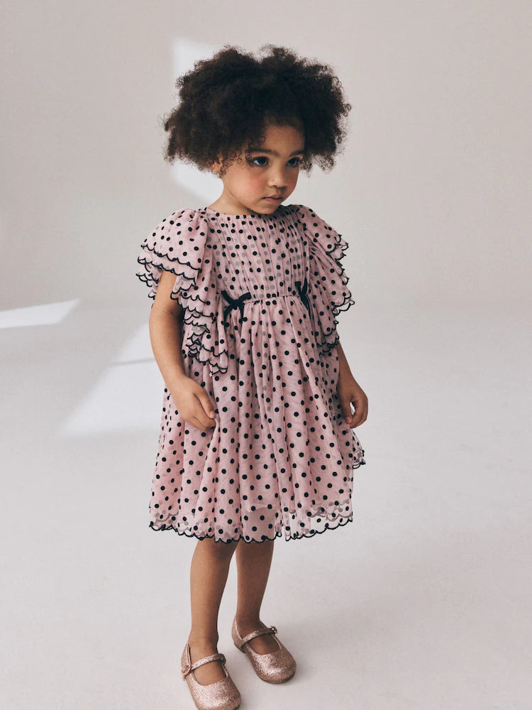 |Girl| Vestido De Festa Rosa-Claro com Poás e Mangas com Babados (3 meses a 8 anos)