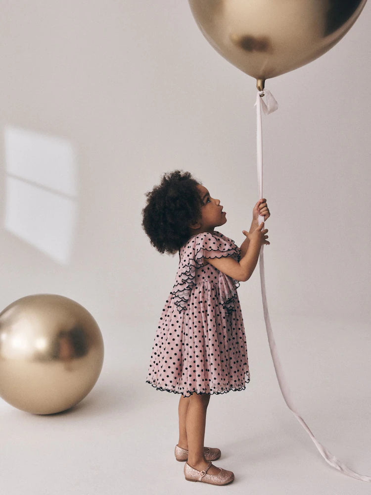 |Girl| Vestido De Festa Rosa-Claro com Poás e Mangas com Babados (3 meses a 8 anos)