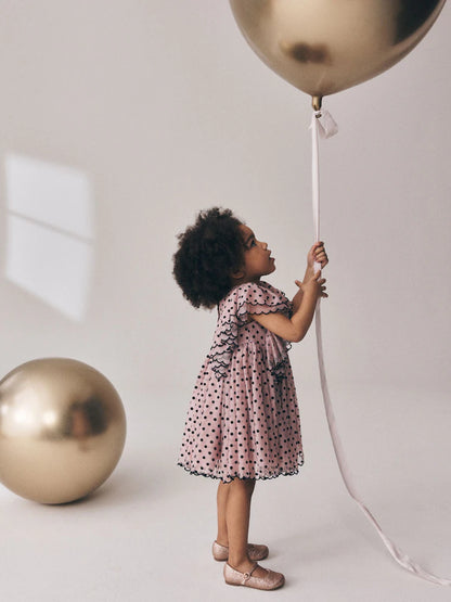 |Girl| Vestido De Festa Rosa-Claro com Poás e Mangas com Babados (3 meses a 8 anos)