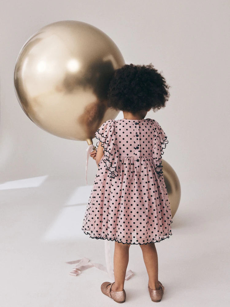 |Girl| Vestido De Festa Rosa-Claro com Poás e Mangas com Babados (3 meses a 8 anos)