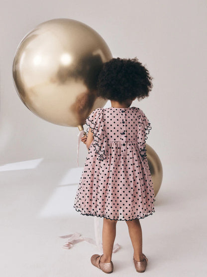 |Girl| Vestido De Festa Rosa-Claro com Poás e Mangas com Babados (3 meses a 8 anos)