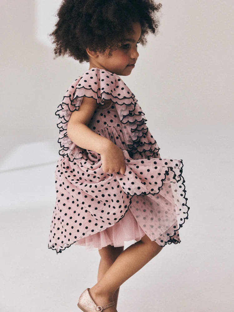 |Girl| Vestido De Festa Rosa-Claro com Poás e Mangas com Babados (3 meses a 8 anos)
