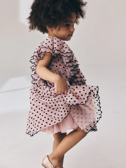 |Girl| Vestido De Festa Rosa-Claro com Poás e Mangas com Babados (3 meses a 8 anos)