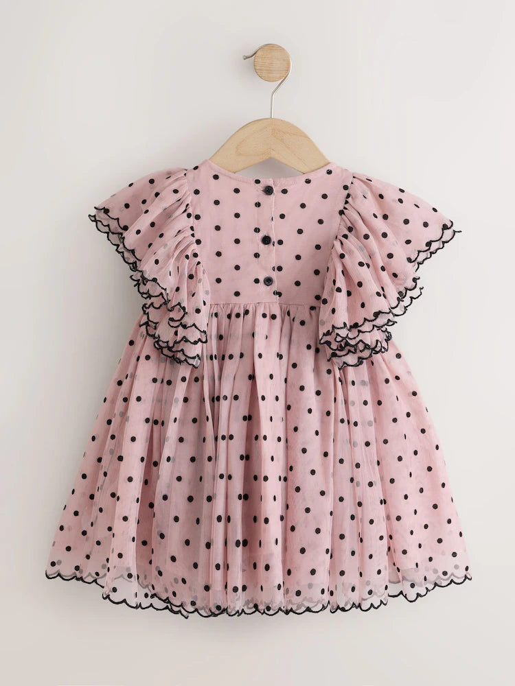 |Girl| Vestido De Festa Rosa-Claro com Poás e Mangas com Babados (3 meses a 8 anos)