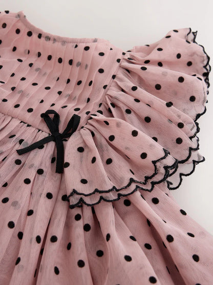 |Girl| Vestido De Festa Rosa-Claro com Poás e Mangas com Babados (3 meses a 8 anos)