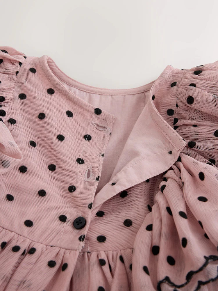 |Girl| Vestido De Festa Rosa-Claro com Poás e Mangas com Babados (3 meses a 8 anos)