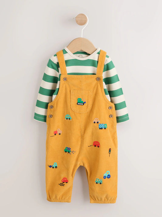 |BabyBoy| Conjunto de Bebê: Jardineira de Veludo Cotelê e Body (0 meses a 3 anos)