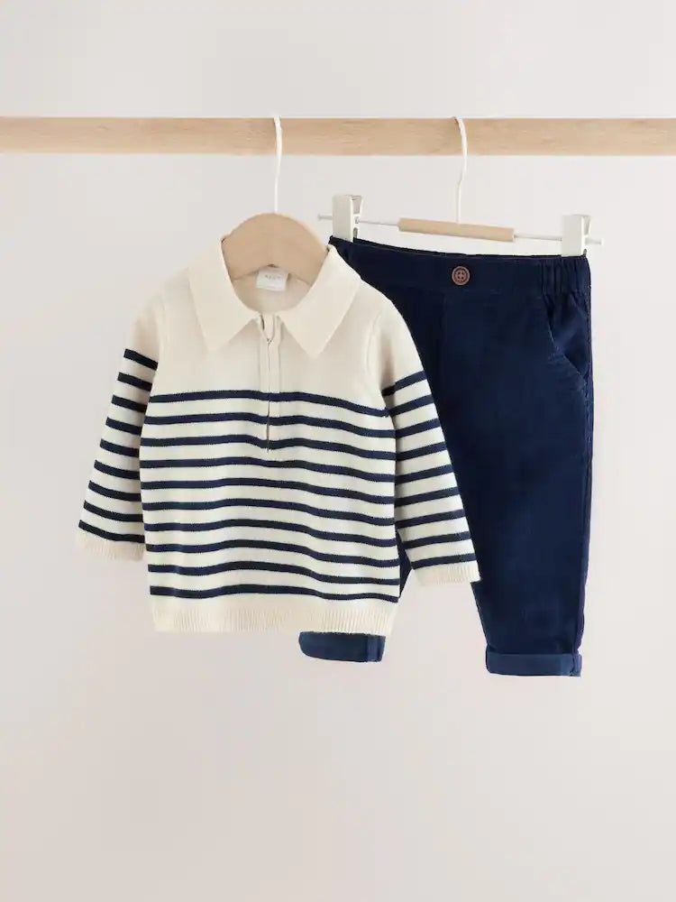 |BabyBoy| Conjunto De Blusa De Tricô Com Gola e Calça Listrados Em Azul e Creme Para Bebês (0 meses a 2 anos)