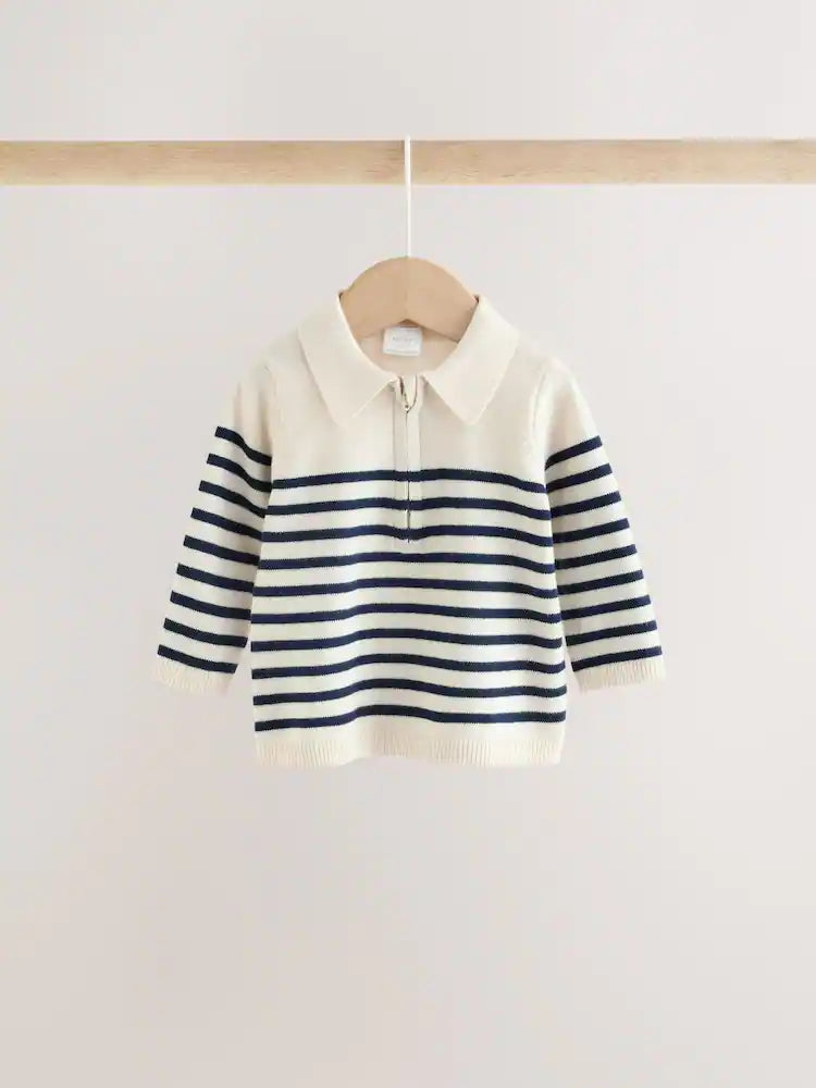 |BabyBoy| Conjunto De Blusa De Tricô Com Gola e Calça Listrados Em Azul e Creme Para Bebês (0 meses a 2 anos)