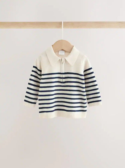 |BabyBoy| Conjunto De Blusa De Tricô Com Gola e Calça Listrados Em Azul e Creme Para Bebês (0 meses a 2 anos)