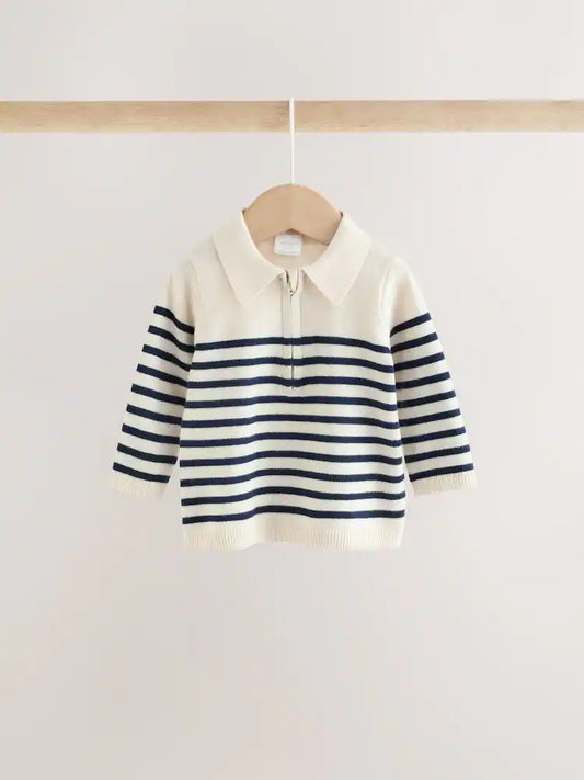 |BabyBoy| Conjunto De Blusa De Tricô Com Gola e Calça Listrados Em Azul e Creme Para Bebês (0 meses a 2 anos)