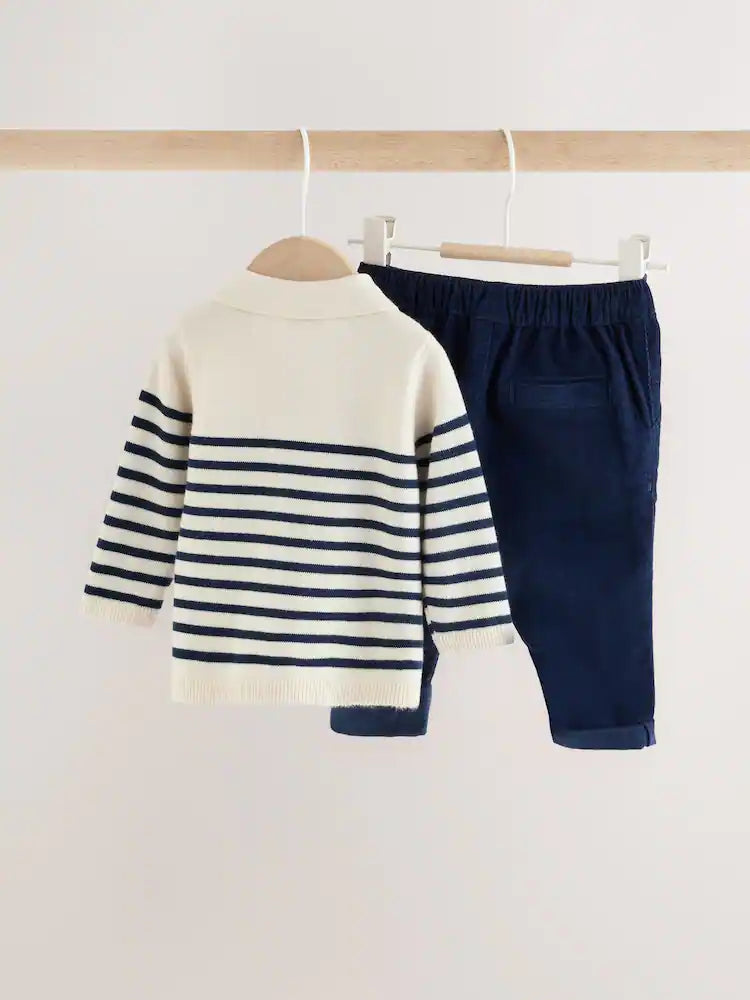 |BabyBoy| Conjunto De Blusa De Tricô Com Gola e Calça Listrados Em Azul e Creme Para Bebês (0 meses a 2 anos)
