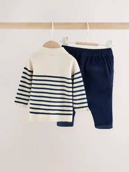 |BabyBoy| Conjunto De Blusa De Tricô Com Gola e Calça Listrados Em Azul e Creme Para Bebês (0 meses a 2 anos)