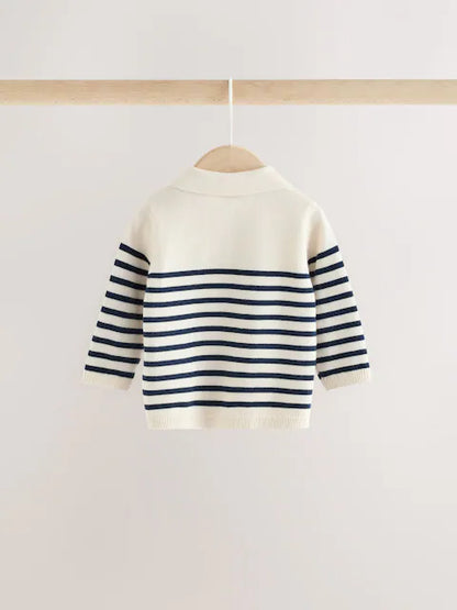 |BabyBoy| Conjunto De Blusa De Tricô Com Gola e Calça Listrados Em Azul e Creme Para Bebês (0 meses a 2 anos)
