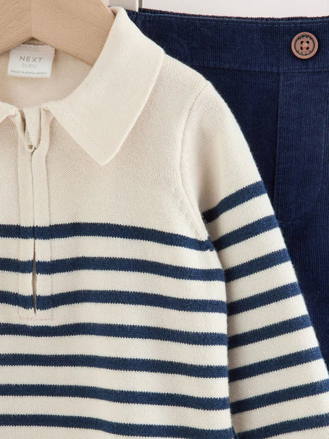 |BabyBoy| Conjunto De Blusa De Tricô Com Gola e Calça Listrados Em Azul e Creme Para Bebês (0 meses a 2 anos)