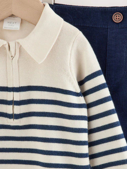 |BabyBoy| Conjunto De Blusa De Tricô Com Gola e Calça Listrados Em Azul e Creme Para Bebês (0 meses a 2 anos)