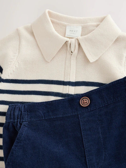 |BabyBoy| Conjunto De Blusa De Tricô Com Gola e Calça Listrados Em Azul e Creme Para Bebês (0 meses a 2 anos)