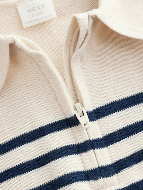 |BabyBoy| Conjunto De Blusa De Tricô Com Gola e Calça Listrados Em Azul e Creme Para Bebês (0 meses a 2 anos)