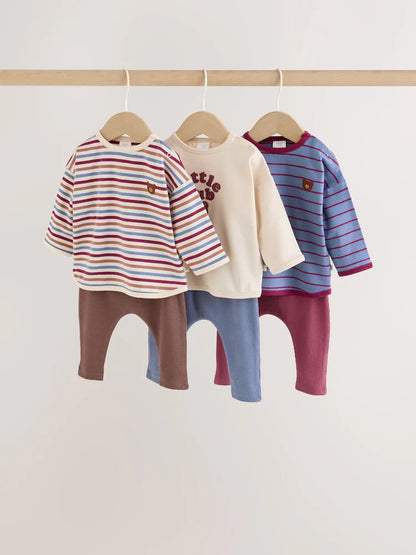 |BabyBoy| Conjunto De 6 Peças Com Blusa e Leggings (tema urso, azul/marrom) – (0 meses a 3 anos)