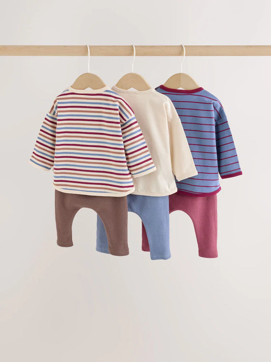 |BabyBoy| Conjunto De 6 Peças Com Blusa e Leggings (tema urso, azul/marrom) – (0 meses a 3 anos)