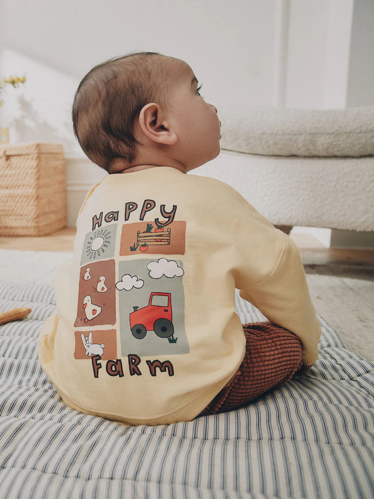|BabyBoy| Conjunto De 2 Peças Para Bebê: Moletom Amarelo Com Estampa De Fazenda e Calça de veludo cotelê (0 meses a 2 anos)