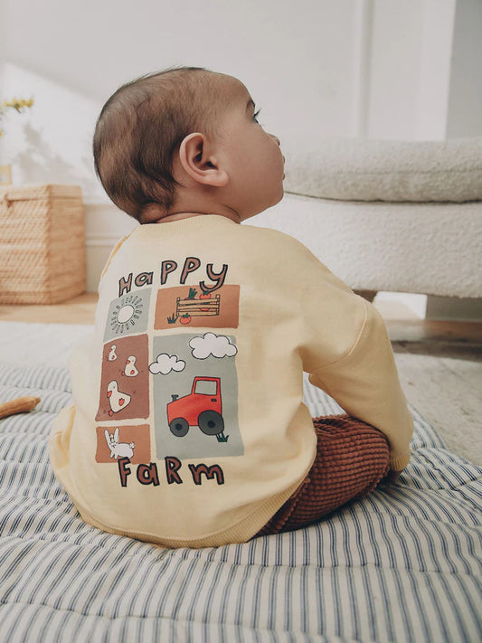 |BabyBoy| Conjunto De 2 Peças Para Bebê: Moletom Amarelo Com Estampa De Fazenda e Calça de veludo cotelê (0 meses a 2 anos)