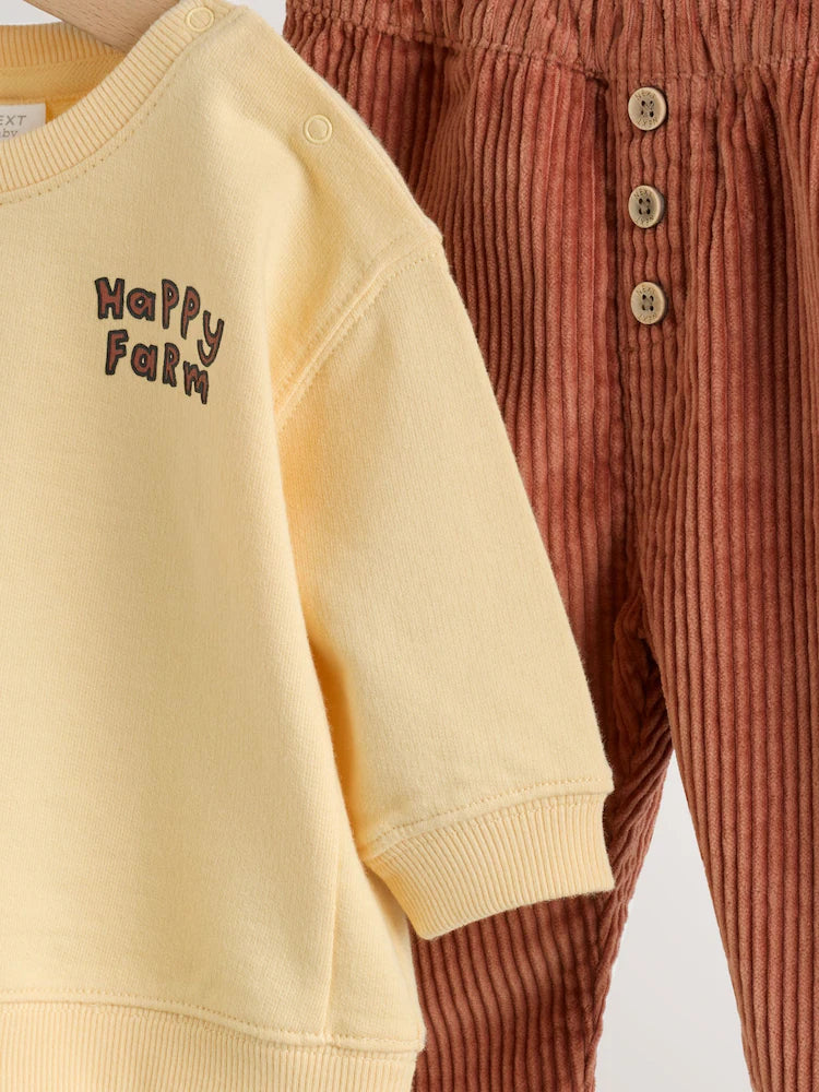 |BabyBoy| Conjunto De 2 Peças Para Bebê: Moletom Amarelo Com Estampa De Fazenda e Calça de veludo cotelê (0 meses a 2 anos)