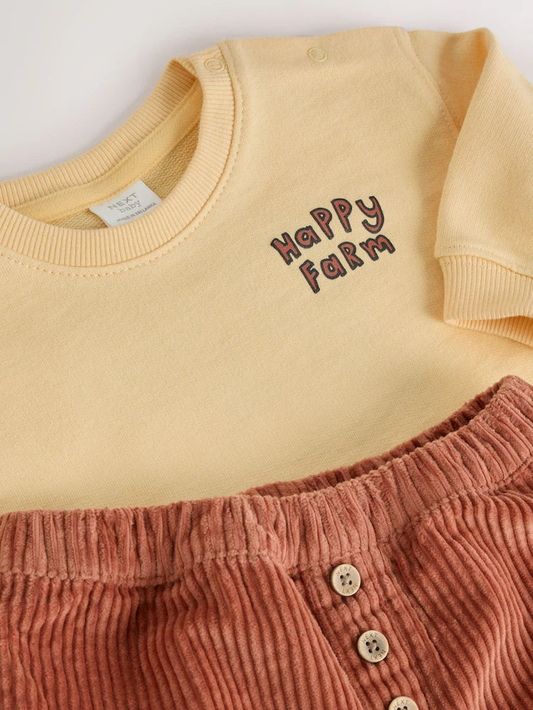 |BabyBoy| Conjunto De 2 Peças Para Bebê: Moletom Amarelo Com Estampa De Fazenda e Calça de veludo cotelê (0 meses a 2 anos)