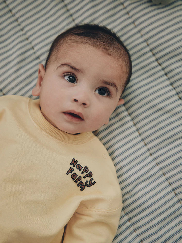 |BabyBoy| Conjunto De 2 Peças Para Bebê: Moletom Amarelo Com Estampa De Fazenda e Calça de veludo cotelê (0 meses a 2 anos)