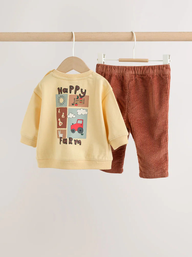 |BabyBoy| Conjunto De 2 Peças Para Bebê: Moletom Amarelo Com Estampa De Fazenda e Calça de veludo cotelê (0 meses a 2 anos)