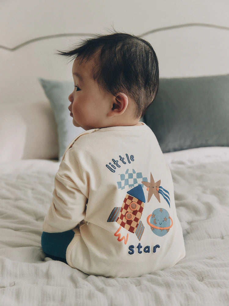 |BabyBoy| Conjunto De Bebé Com Blusa e Legging – Estampado Espacial (Neutro/Azul) (0 meses a 2 anos)