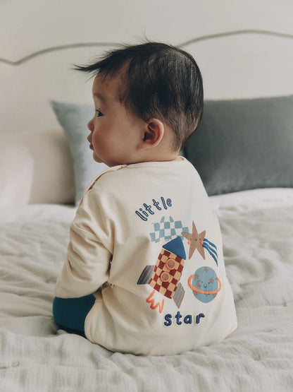 |BabyBoy| Conjunto De Bebé Com Blusa e Legging – Estampado Espacial (Neutro/Azul) (0 meses a 2 anos)
